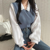 outfit Fake Two-Piece T-shirt for Women 2024 New Stitching Polo Collar Long-Sleeved Sweater Chubby Girl Loose Contrast Color All-Match Top Fashion