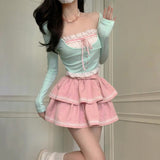 outfit 2024 Spring and Summer Vigorous Girl Lace Collar Cardigan Slim Slimming Long Sleeve Top Cake Dress Two-Piece Set