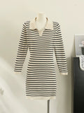 trending fall outfits 2024 Polo Collar Pullover Striped Long Sleeve Knitted Dress Women's Spring and Autumn Waist Slimming Midi Dress Women