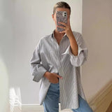 masc outfits Autumn New Blue Striped Shirt Top Simple Advanced Sense Street Long Sleeve Cardigan