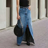 2024 fall fashion trends Commuter High Waist Slimming Split Blue Denim Skirt Long Skirt Retro Distressed Sheath Skirt