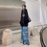 90s streetwear  Women's Fashionable All-Match Japanese Jeans Zipper Light Color Washed Overalls Trousers Simple New