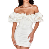 dress with bow Sexy Dress Waist-Tight Hip Skirt Tube Top off-Shoulder Fishbone Ruffled Dress