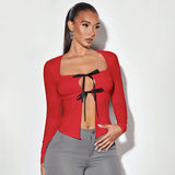 2000s fashion Women's Spring New round Neck Trapezoidal Collar Long Sleeve Bow Tied Rope Cardigan T-shirt Top