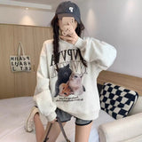 90s streetwear Cat Print Fleece-lined round Neck Sweater for Women Autumn New Loose Lazy Style White Gray Student Blouse