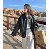 2000s fashion Black PU Leather Coat for Women Spring and Autumn 2024 New Korean Hong Kong Style Chic Retro Fried Street High-Grade