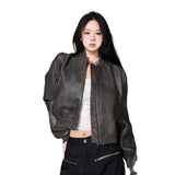 bomber jacket American High Street Personalized Short Pu Leather Jacket Women's Spring and Autumn New Maillard Motorcycle Jacket Fashion