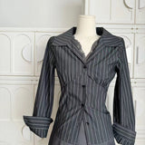 Original Striped Shirt Lace Edge Pleated Sexy Slimming Sheath Skirt Women's Suit