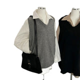 style Chic Autumn Simple All-Match V-neck Solid Color Pullover Mid-Length Knitted Vest for Women