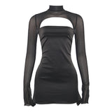 concert outfit ideas Autumn New Pure Color Mesh Stitching round Neck Long Sleeve Sexy Slim Fit Dress