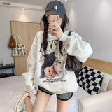 90s streetwear Cat Print Fleece-lined round Neck Sweater for Women Autumn New Loose Lazy Style White Gray Student Blouse