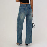 jeans Street Style Low Waist Rhinestone Straight Jeans 2024 New Versatile American Retro Distressed Denim Long