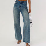 jeans Street Style Low Waist Rhinestone Straight Jeans 2024 New Versatile American Retro Distressed Denim Long