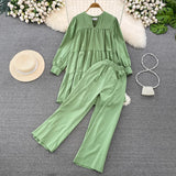 outfit ideas for school Fashion Suit Women's Spring and Autumn Korean-Style Long-Sleeved V-neck Loose Pleated Top Two-Piece High Waist Slimming Wide-Leg Pants