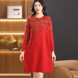 cold weather outfits Floral Knitted Dress Autumn and Winter Elegant Slimming Western Style Mom Sweater Dress Mid-Length plus Size Belly Covering Skirt