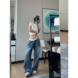 Wjczt y2k outfits American Retro Jeans Design Waist Head Flanging Loose Wide-Leg Pants Simple Casual Straight Pants Ins