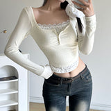 picture day outfit Fake Two-Piece Floral Lace Long-Sleeved T-shirt Female Niche Hot Girl Slim Pullover Square Collar Bottoming Shirt Short Top Autumn