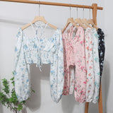 outfit Floral Halter Lace-up off-Shoulder Puff Sleeve Shirt Women's Spring Short Waist Tube Top 