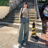 Wjczt 90s streetwear Jinyin American Retro High Waist Distressed Loose Wide Leg Pants Early Autumn New Straight Jeans Trousers Lengthened