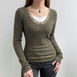 grunge outfits Women's Spring New Gray Green V-neck Tight Waist Lace Knitted Top EBay