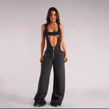 Wjczt dti outfits 2024 Women's New Fashion Sexy Suspender Pants Solid Color Sleeveless Sling Denim Zipper Pocket Trousers for Women