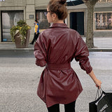 family photo outfits winter Korean Style Mid-Length Wine Red PU Leather Coat Women's Spring and Autumn Tight Waist Korean Style Motorcycle Leather Jacket Loose Coat