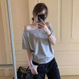 outfit ideas for school Pure Sexy off-Shoulder Loose plus Size Short-Sleeved T-shirt Women's Summer Korean Style New Casual Simple Bottoming Top Women's T-shirt Fashion