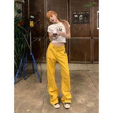 teacher outfits American-Style Pocket Embroidery Label Casual Wave Board Yellow Wide-Leg Jeans Women's Hot Girl Street Fried Street Work Mop Pants