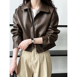 barn jacket outfits Luxi Cool Handsome High Sense ~ Lapel Leather Coat Women's Spring and Autumn Hong Kong Style PU Leather Jacket Motorcycle Top Trendy 9595