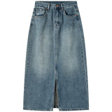 2024 fall fashion trends Retro Distressed Split Denim Skirt Women's Washed Soft Mid-Length High Waist A- line Hip Skirt