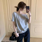 outfit ideas for school Pure Sexy off-Shoulder Loose plus Size Short-Sleeved T-shirt Women's Summer Korean Style New Casual Simple Bottoming Top Women's T-shirt Fashion