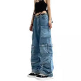 90s streetwear  Women's Fashionable All-Match Japanese Jeans Zipper Light Color Washed Overalls Trousers Simple New