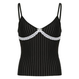 2000s fashion Style Personalized Black and White Striped Lace Stitching V-neck Camisole Hot Girl Back Inner Top