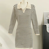 trending fall outfits 2024 Polo Collar Pullover Striped Long Sleeve Knitted Dress Women's Spring and Autumn Waist Slimming Midi Dress Women