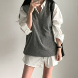 style Chic Autumn Simple All-Match V-neck Solid Color Pullover Mid-Length Knitted Vest for Women