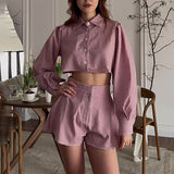 Wjczt combo dress Striped Plaid Belly-Exposed Shirt Suit Pants Elegant Commuter High Waist Shorts Suit