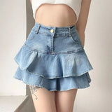 2000s fashion Sweet and Spicy Washed Denim Pleated Skirt Women's Summer New Anti-Exposure All-Match Ruffled Skirt with Lining