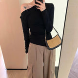 2000s fashion Autumn and Winter  Autumn and Winter New/Elegant Waist-Tight Pleated Oblique Collar Sweater 