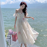 cybergoth dress to impress Pink Strap Floral Dress Women's Summer French Elegant Fairy Princess Dress off-Shoulder Puff Sleeve Long Dress