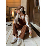 fashion Corduroy Suspender Pants Women's Autumn and Winter Age-Reducing Korean Style Retro Loose Slimming Straight Wide-Leg Pants Jumpsuit Thin