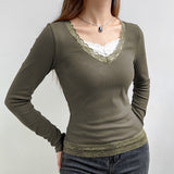 grunge outfits Women's Spring New Gray Green V-neck Tight Waist Lace Knitted Top EBay