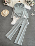 outfit ideas for school Fashion Suit Women's Korean-Style Long-Sleeved Lapel Loose Sweater Sweater Two-Piece Casual High Waist Straight Wide Leg Pants