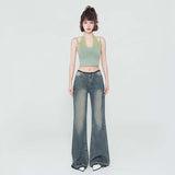 outfit inspo Spring New American Retro Hot Girl Mid-Low Waist Frayed Flared Jeans for Women