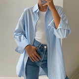 masc outfits Autumn New Blue Striped Shirt Top Simple Advanced Sense Street Long Sleeve Cardigan