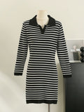 trending fall outfits 2024 Polo Collar Pullover Striped Long Sleeve Knitted Dress Women's Spring and Autumn Waist Slimming Midi Dress Women