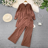 outfit ideas for school Fashion Suit Women's Spring and Autumn Korean-Style Long-Sleeved V-neck Loose Pleated Top Two-Piece High Waist Slimming Wide-Leg Pants