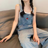 outfit ideas Design Sense Spring and Summer Embroidered Wear Denim Suspender Pants Women's Salt Retro Small Tooling High Waist Straight Jumpsuit