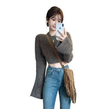 concert outfit Bell Sleeve Korean Style Velvet Sweater for Women Autumn and Winter New Sweet Hot Girl Pullover Slim Slimming Short Sweater Top