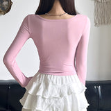 2000s fashion Girl Style Contrast Color Fake Two-Piece Bow Pleated Short Top Sweet Gentle Chest Waist Slimming Versatile Long Sleeve