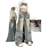 Wjczt 90s streetwear American Retro High Street Wide Leg Workwear Jeans Women's Autumn New Low Waist Design Loose Slimming Pants Fashion